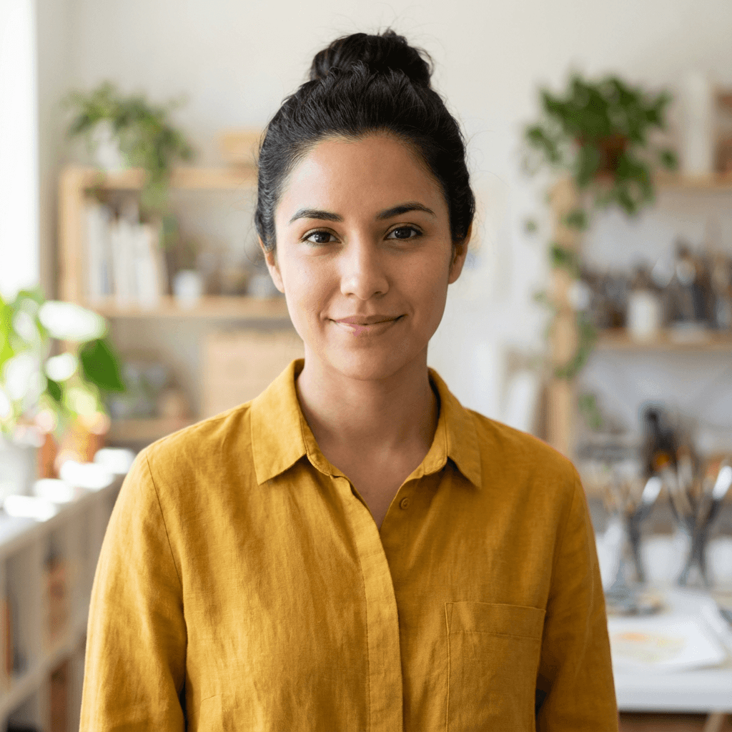 Emily Rodriguez, female small business owner in her mid 30s, Hispanic, friendly approachable style