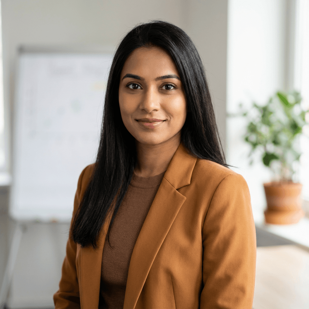 Meera Krishnan in a bright office setting