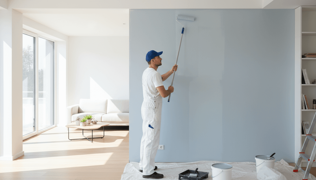 Professional painter applying paint to an interior wall with a roller