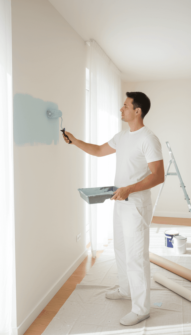 Painter holding a roller and tray, ready to paint a Toronto living room wall