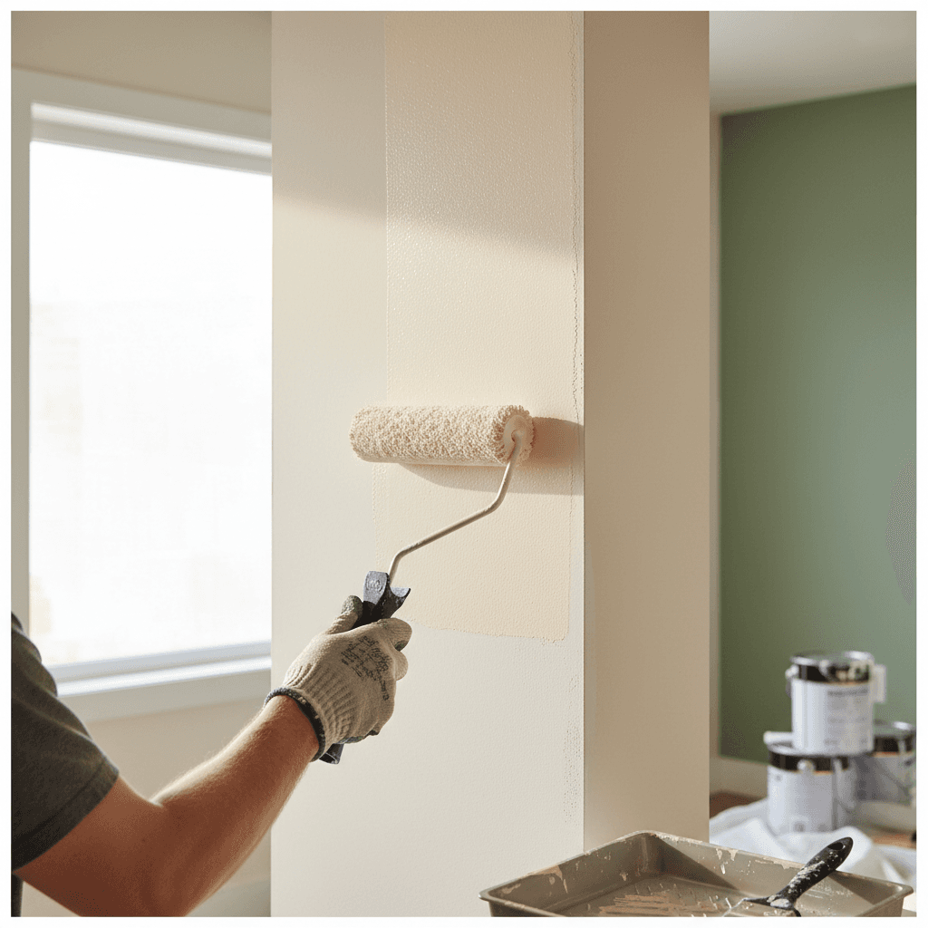 Painter applying paint to an interior wall in a bright living room