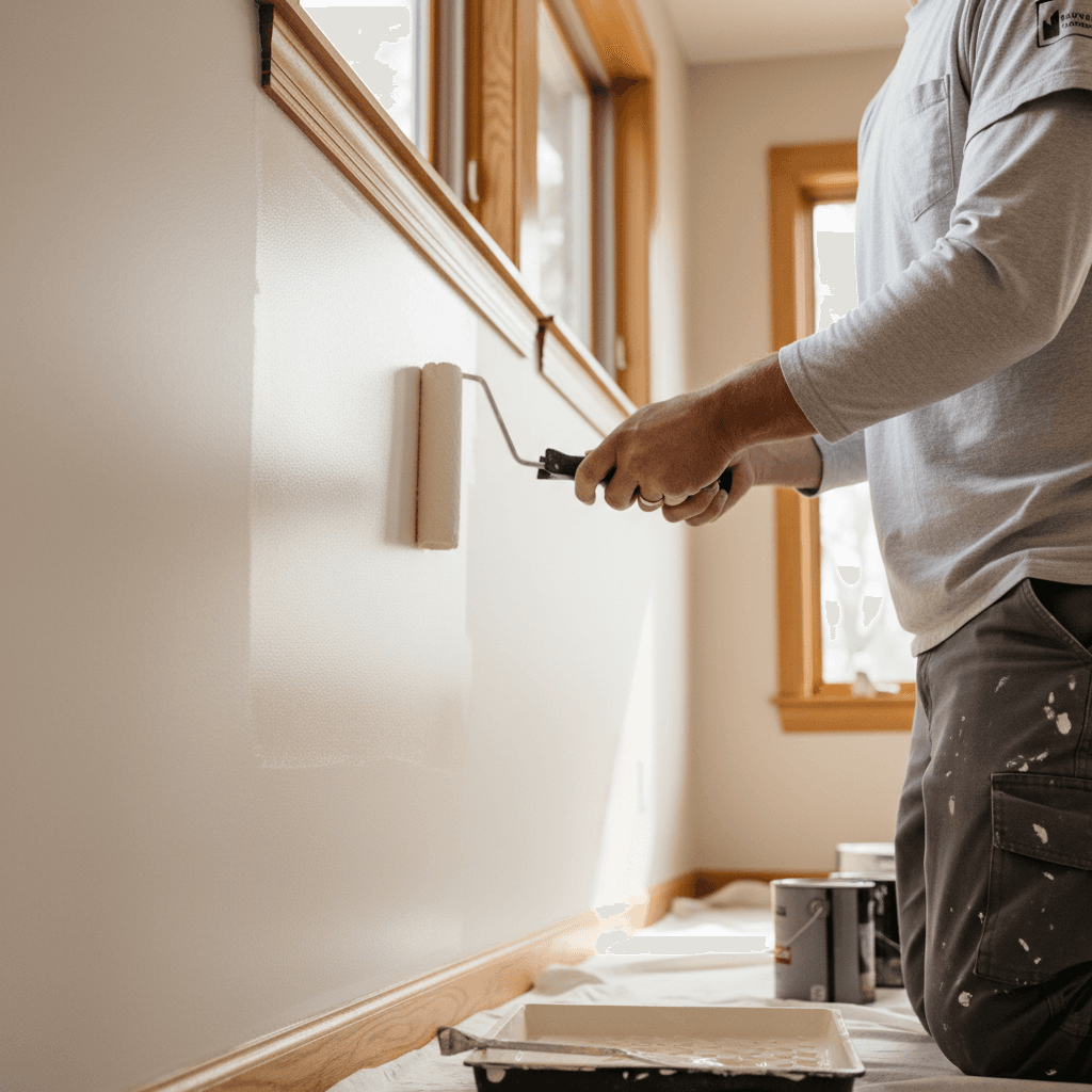 Painter preparing to paint a wall in a bright room