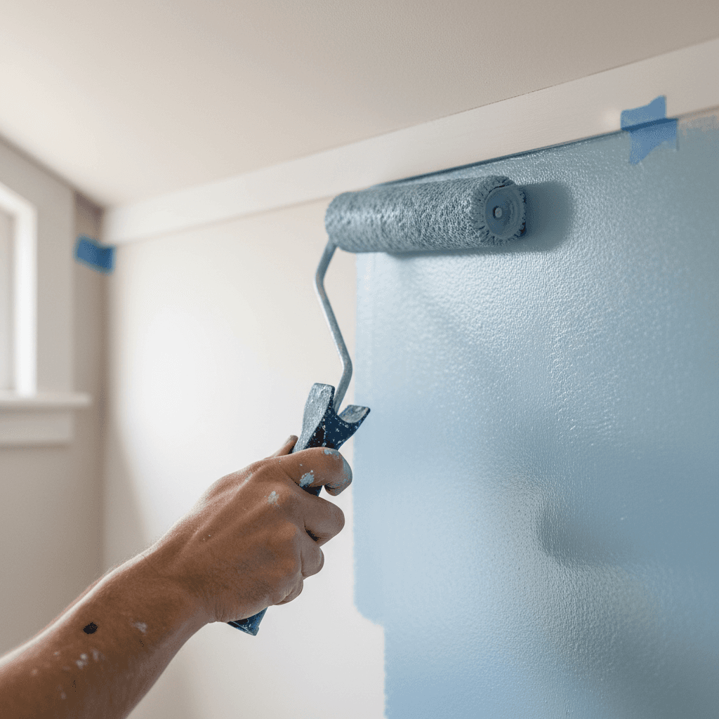 Painter rolling paint onto a living room wall